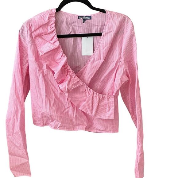 Freshman 1996 Women's L Pink & White Striped Ruffle Blouse Long Sleeve - Picture 1 of 6